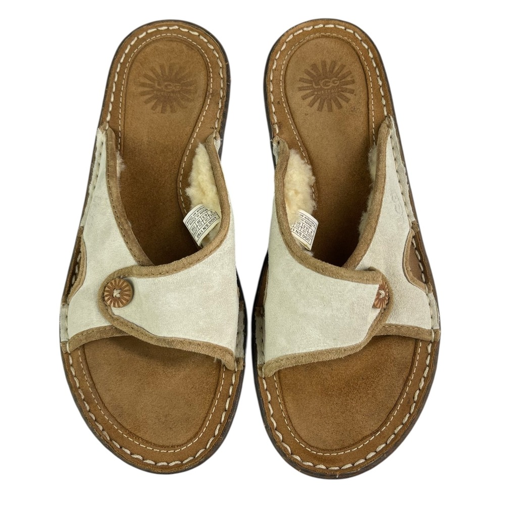 UGG Women's Kalama Slide Sandals 8 Cream Brown Suede Sherpa Lined Slip‑On Shoes